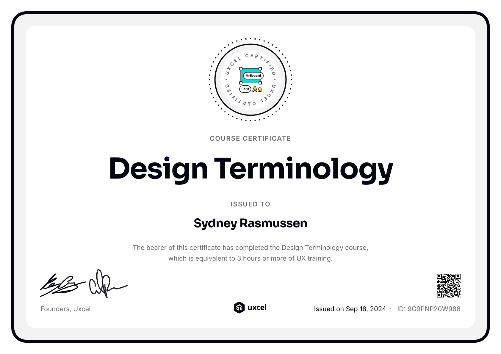 Sydney Rasmussen's certificate
